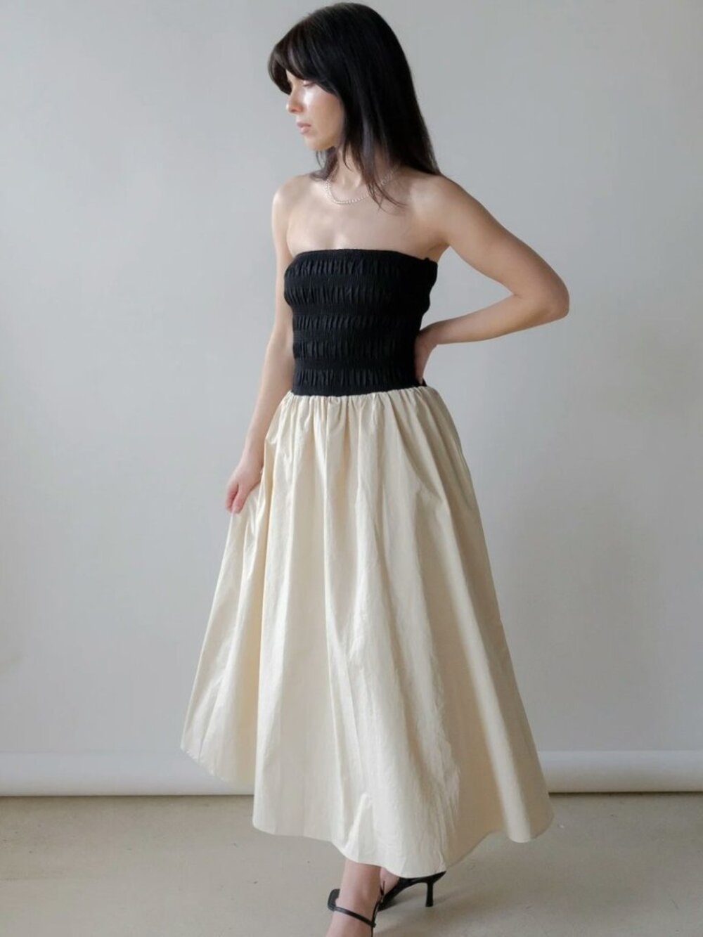 NWT a.ren beige black Giselle strapless bandeau midi dress